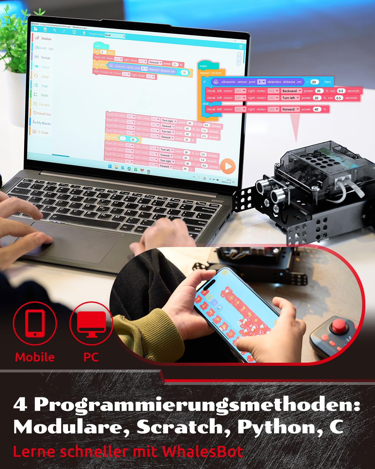 WhalesBot Rocky programmierbares Roboterauto für Kinder, Mint Bausatz mit Scratch- & Python-Kompatibilität, Erweiterbar, Ferngesteuertes Spielzeug, Geschenk ab 8 Jahren