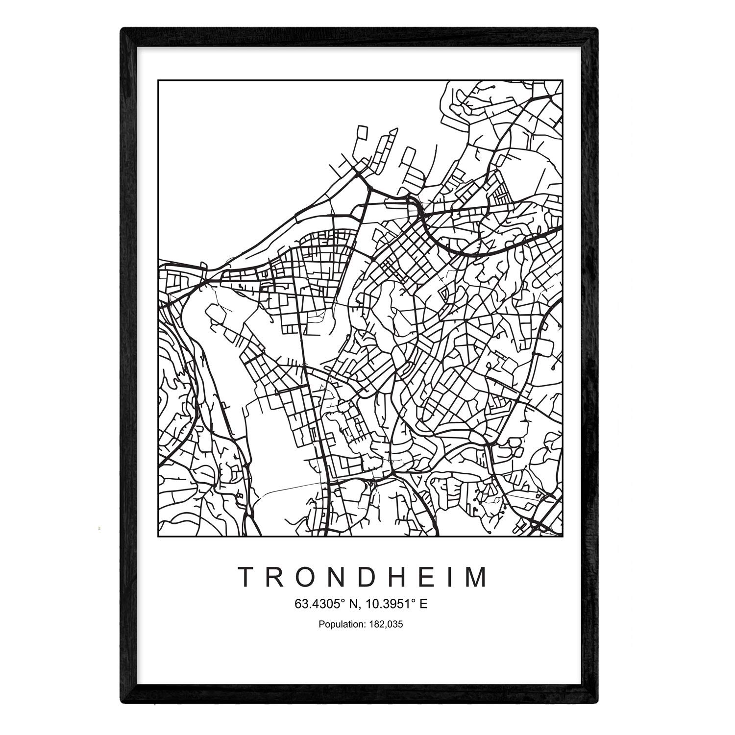 Nacnic Map of the city map Trondheim Nordic style in black and white. Poster A4 Framed with black frame Printed paper 250 gr. Pictures, sheets and posters for Salon and Bedroom