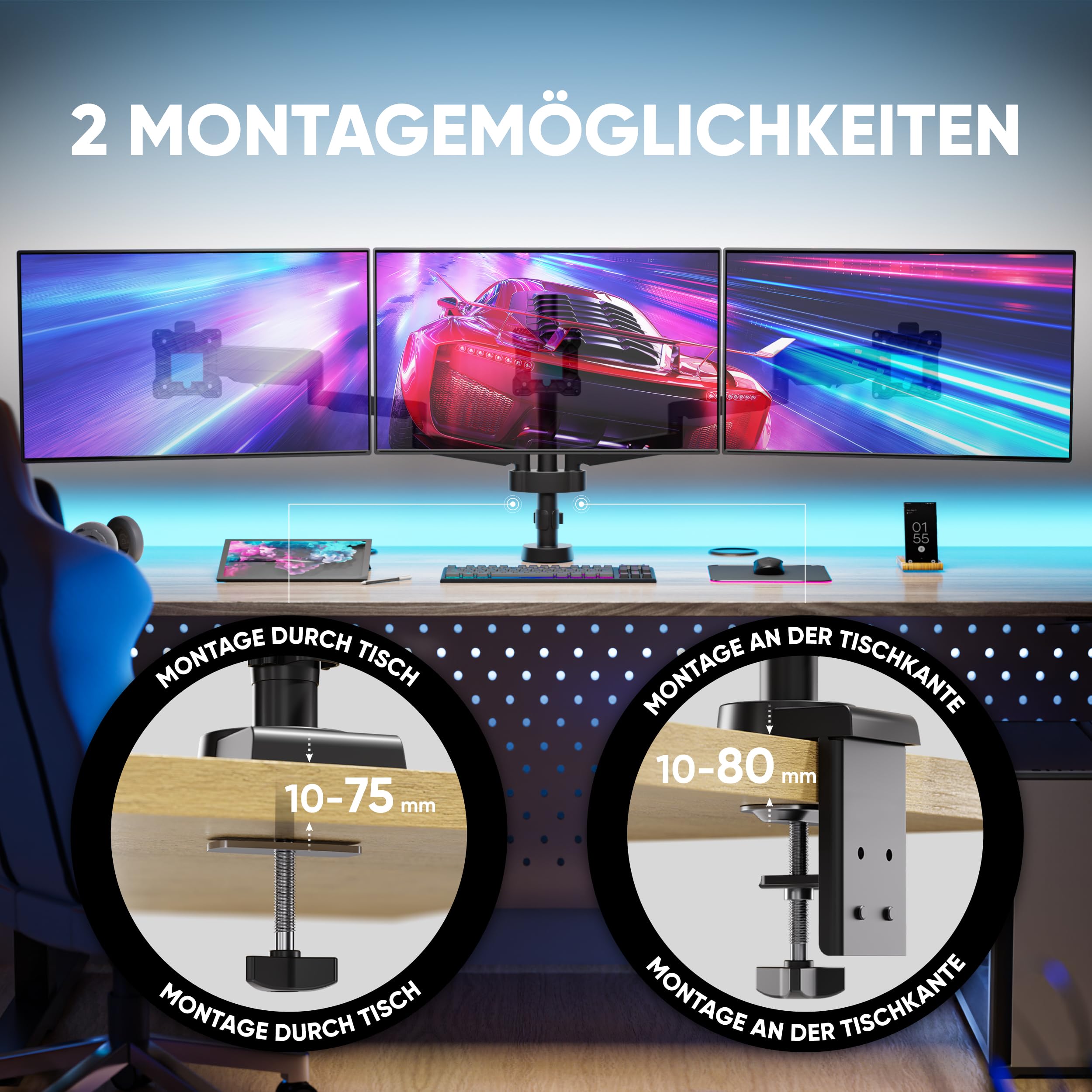 ONKRON Monitor Halterung 3 Monitore für 13-32 Zoll, bis 8 kg pro Arm, Monitorhalterung mit Gasdruckfeder, VESA 75x75-100x100, Triple Monitor Arm Stand drehbar, schwenkbar, neigbar Schwarz G280-B
