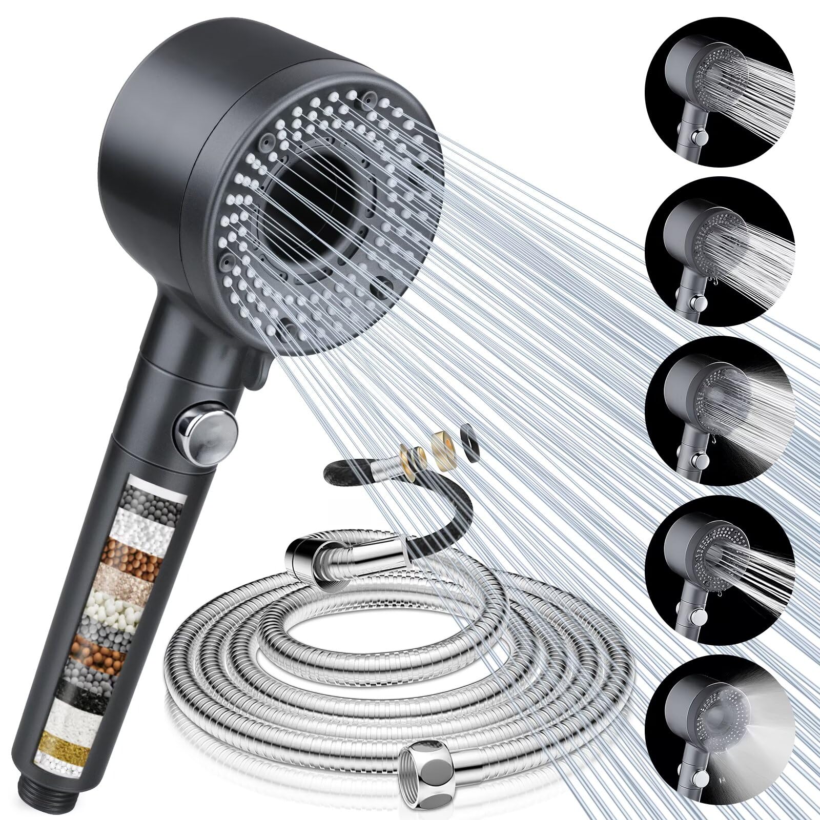 Hochdruck Duschkopf mit Filter für hartes Wasser – Wassersparende Handbrause mit 5 Strahlarten und Stoppfunktion, für ef