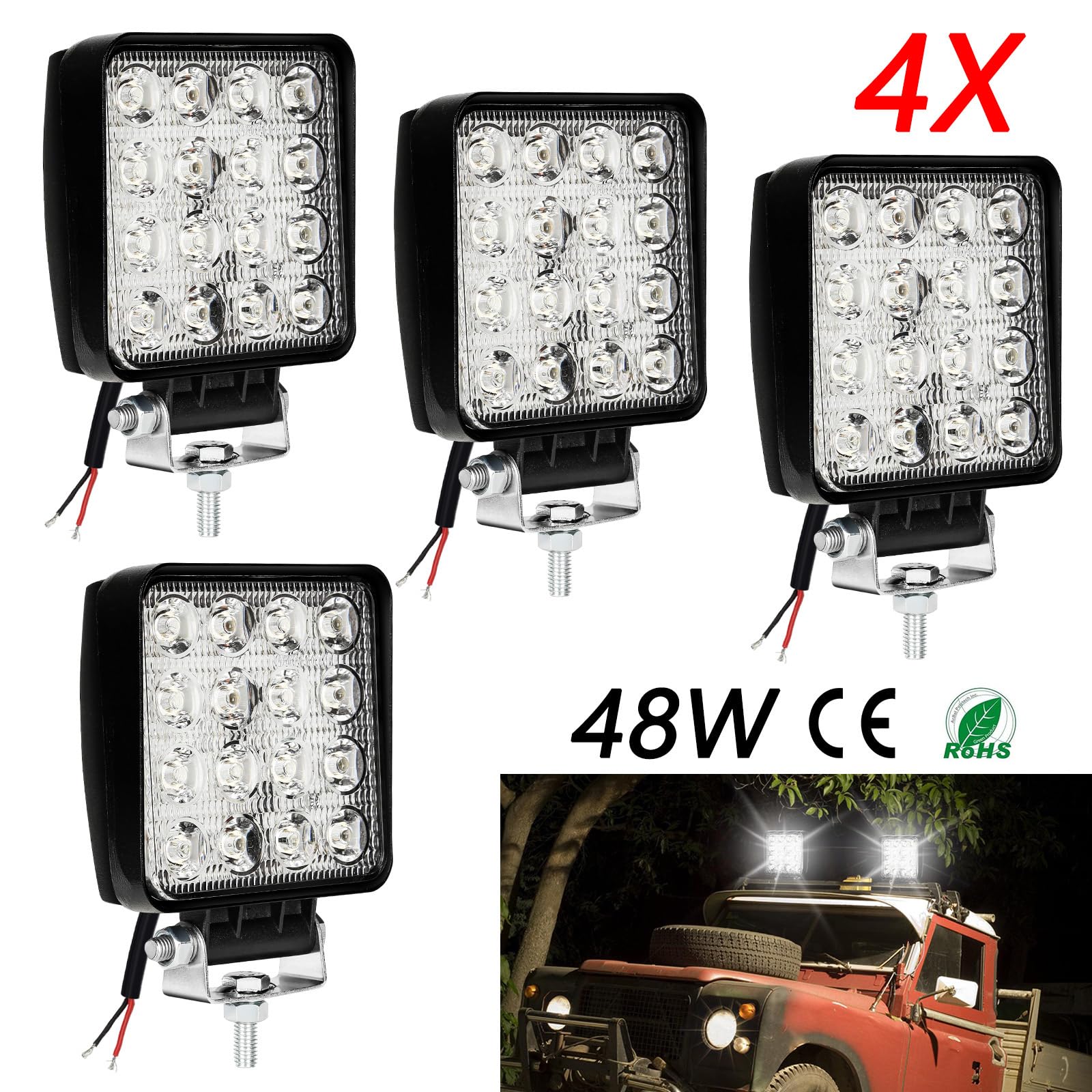 Lot de 4 projecteurs de travail LED 48 W 12 V 4320 lm Phare LED 6500 K Feu de recul IP67 étanche pour tracteur tout-terrain SUV