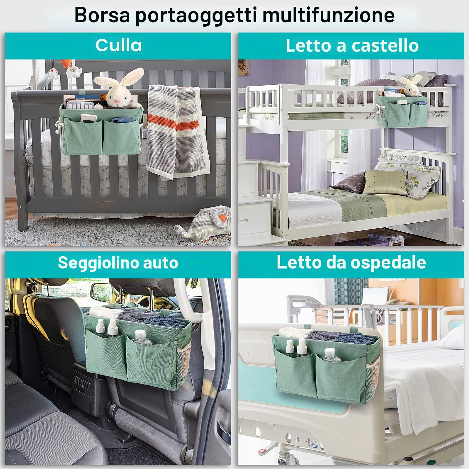 IGNPION Cestini portaoggetti da appendere al comodino in tela, con tasche regolabili, per dormitorio, letto, organizer multiuso per casa, ufficio, scuola, dormitorio, ospedale, verde