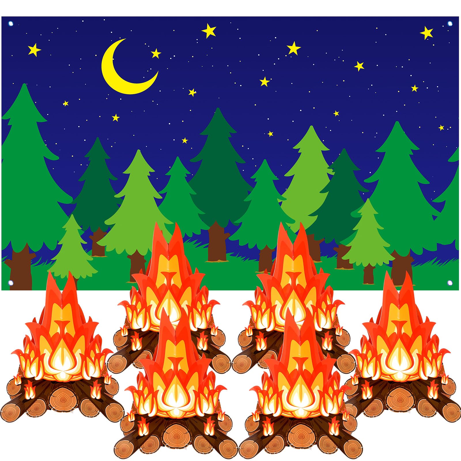 HunnmingRe Camping Theme Party Decorations, 7 x 5 ft Forest Scene Camping Backdrop Photography Background and 6 Sets Cardboard Flames 3D Fake Fire