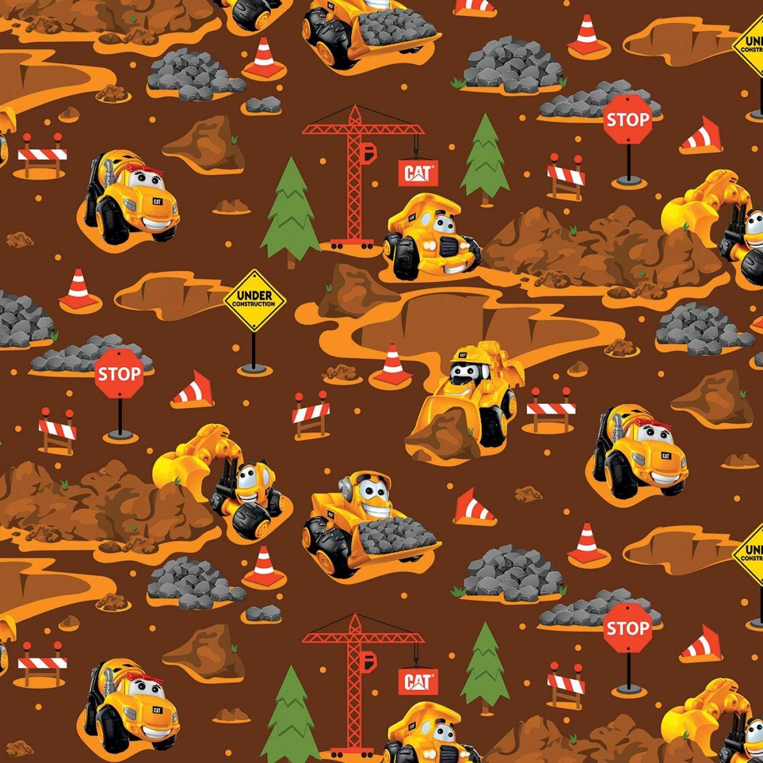 Construction Caterpillar CAT Buildin Crew Main in Brown Premium Quality Fabric by The Yard