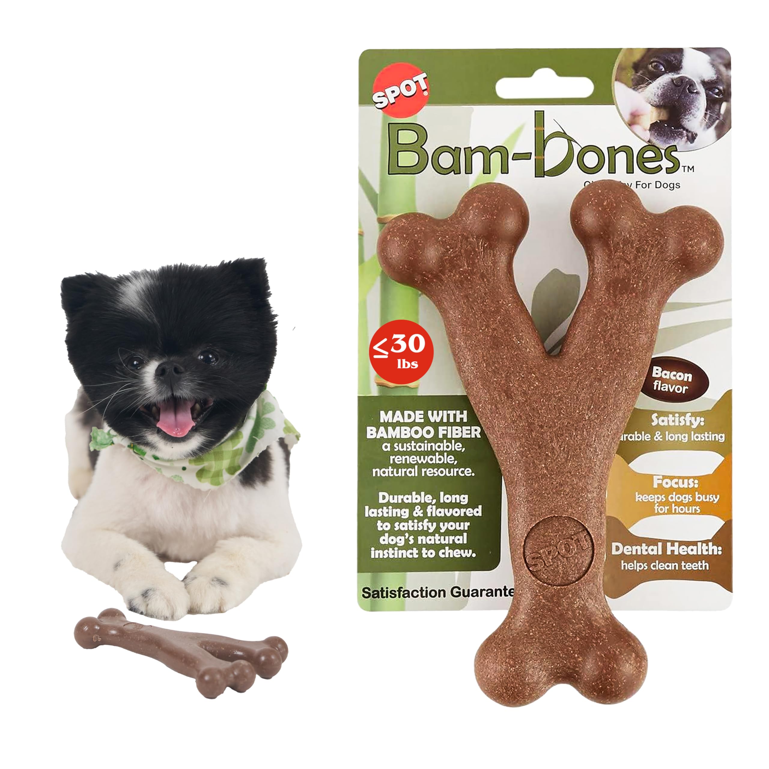 Bam-Bones Wishbone - Made with Strong Bamboo Fiber, Durable Long Lasting Dog Chew for Light to Moderate Chewers, Great Toy for Adult Dogs & Teething Puppies Under 30lbs, 5.25in, Bacon Flavor