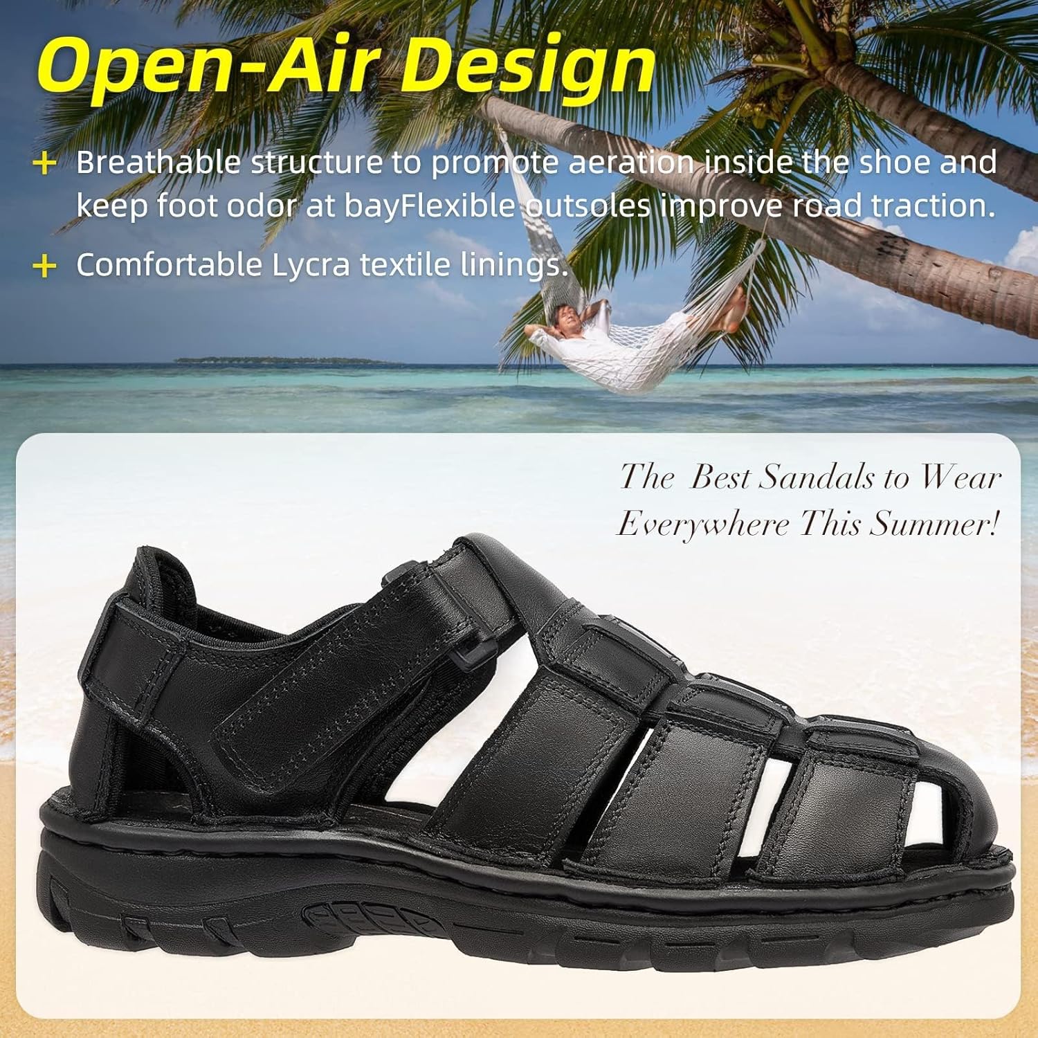 KOIMED Men's Fisherman Leather Sandals With Adjustable Back Strap Comfortable Summer Outdoor Sport Beach Hiking Casual Dress Sandles Memory Foam Closed Toe Black - Image 4