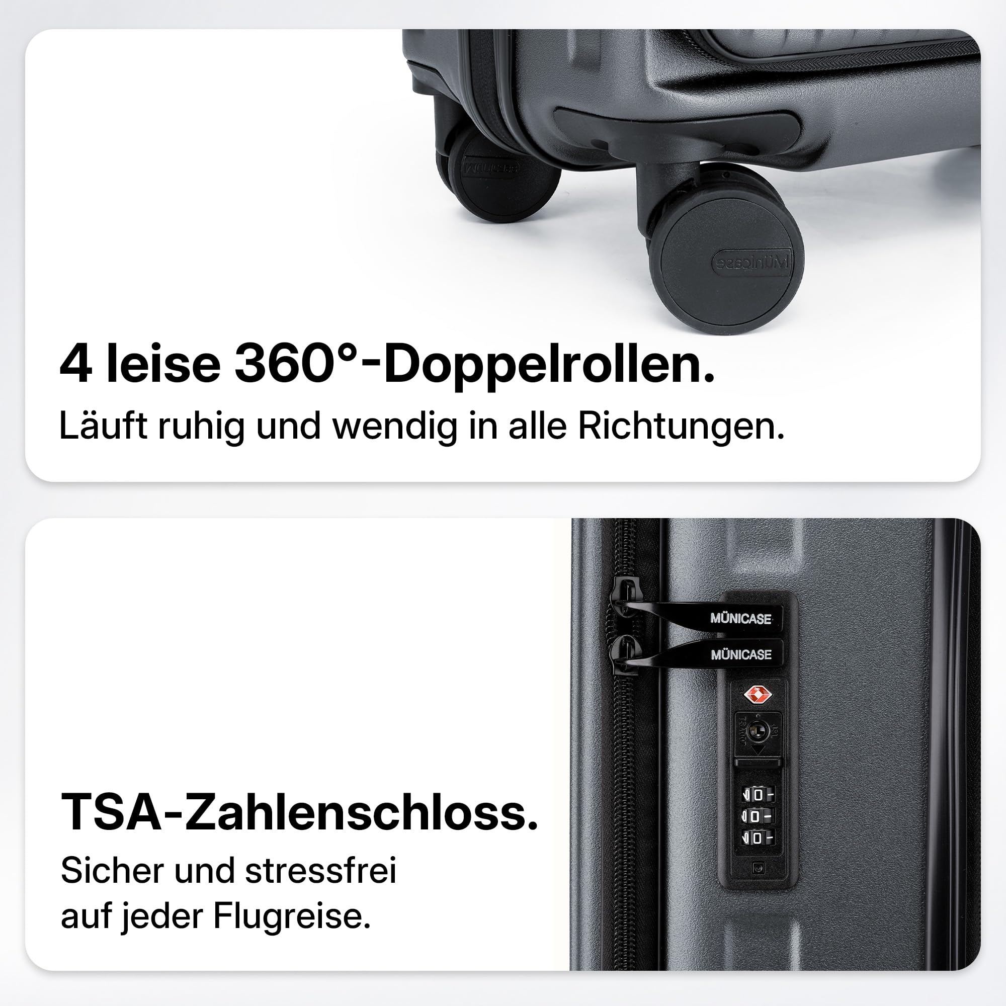 Münicase Handgepäck Koffer M 50 cm mit Laptopfach, Businessgrey | Oberseiten-Zugriff, Erweiterbar, Kompressionsgurt, Kratzfest, Leichtgewicht, Außenmaße 50 x 35 x 23 cm