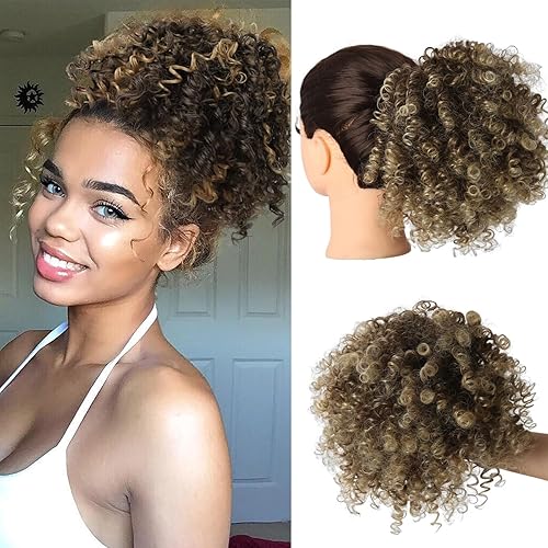 Jolelyne Cola de caballo rizada con cordón para mujeres negras, extensión de moño rizado sintético marrón para mujer, cola de caballo afro con