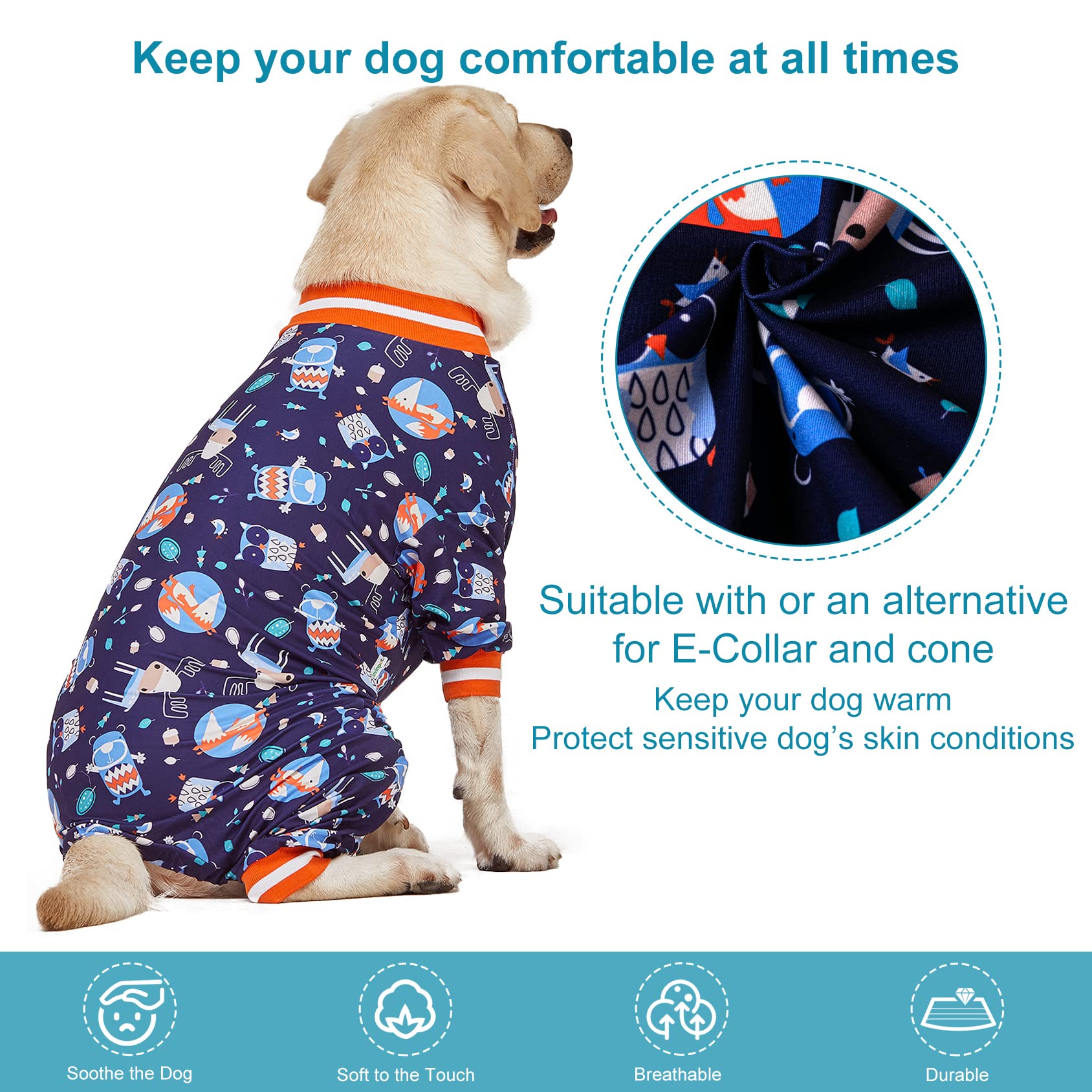LovinPet Pet Clothes For Large Dogs: Nighthawk& Red Fox Steel Gray Print, Lightweight Stretchy Knit Pullover Pet Pajamas - Image 2
