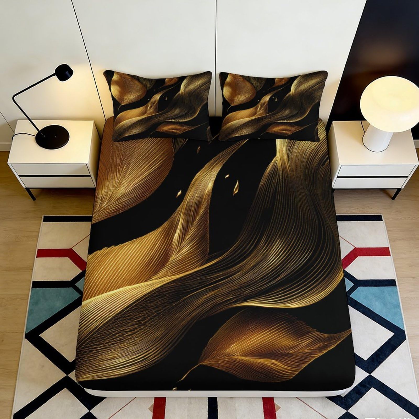 3D Printed Golden Abstract Fitted Sheet Microfiber Soft Modern Wave Pattern Mattress Cover Bedroom Decor 90x200x25cm