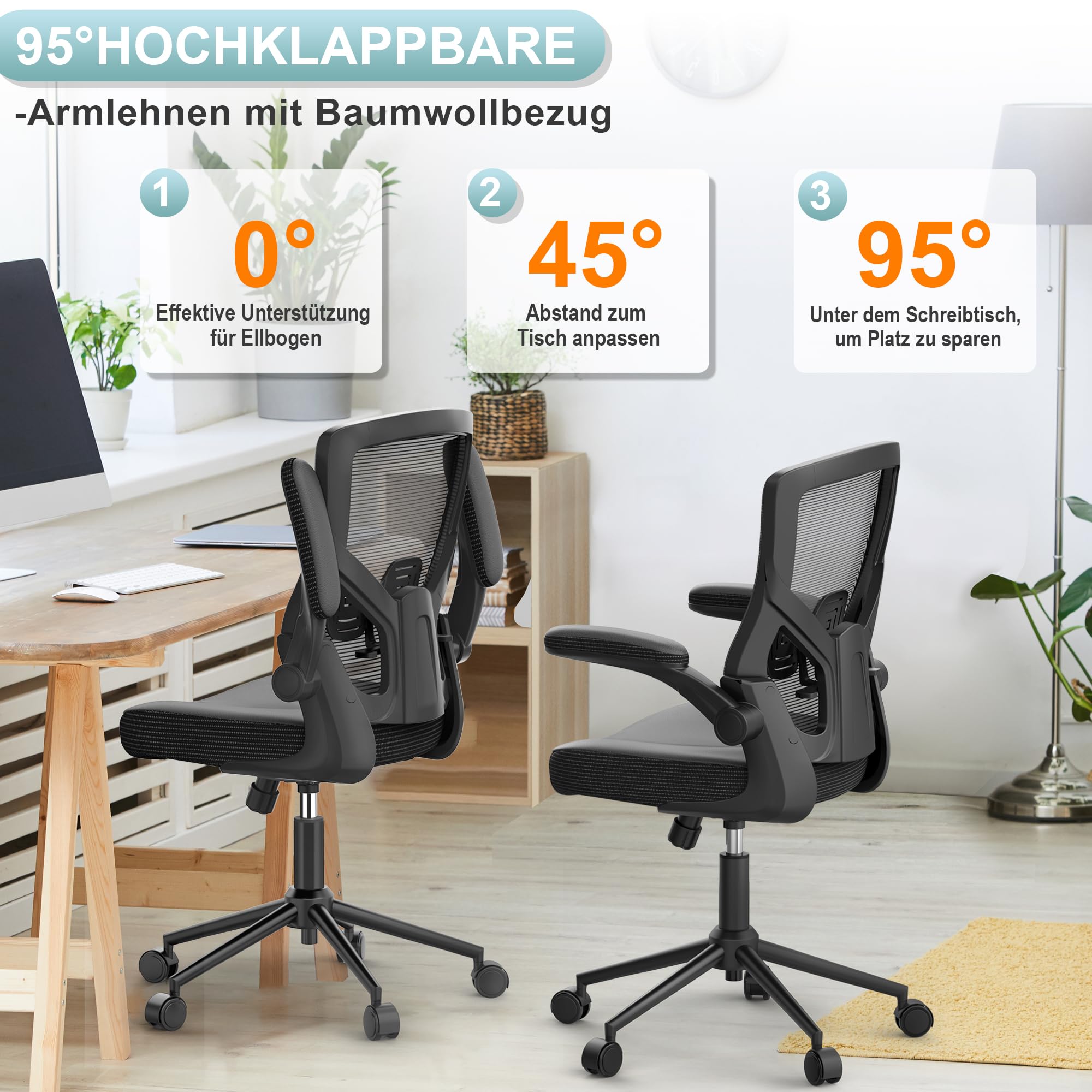 CYKOV Homeoffice Bürostuhl Ergonomisch Klappbare Armlehne Wasserfallsitz | S-Kurve Wirbelsäulenstütze, 4-fach Arretierung 90°-135°, SGS-zertifiziert 150kg Tragkraft, Lendenwirbelstütze verstellbar