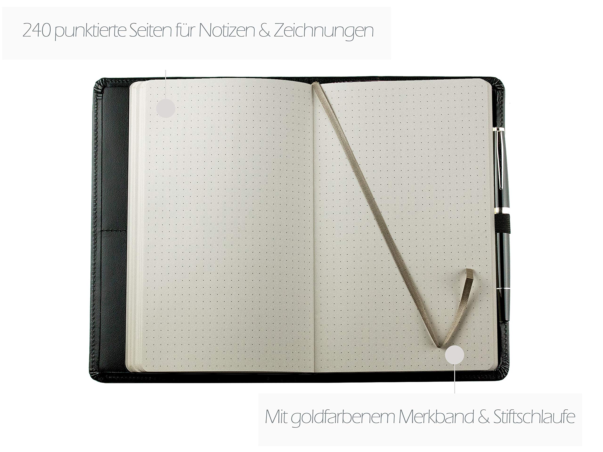 DELMON VARONE - Personalisierbares Notizbuch Etui DIN A5 aus Boxcalf Premium Leder schwarz, Blanko Buch punktiert im Hardcover Ledereinband mit Stiftschlaufe, Einschubfächer und Merkband