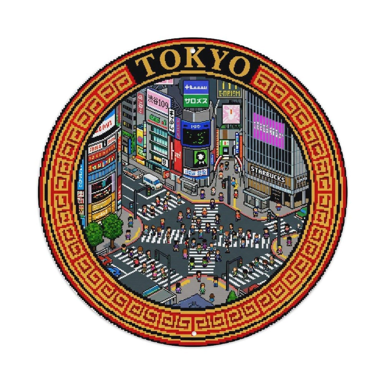 Olhnbad Style Tokyo Pixel 8Bit Shibuya Crossing Retro Town Metal Tin Sign