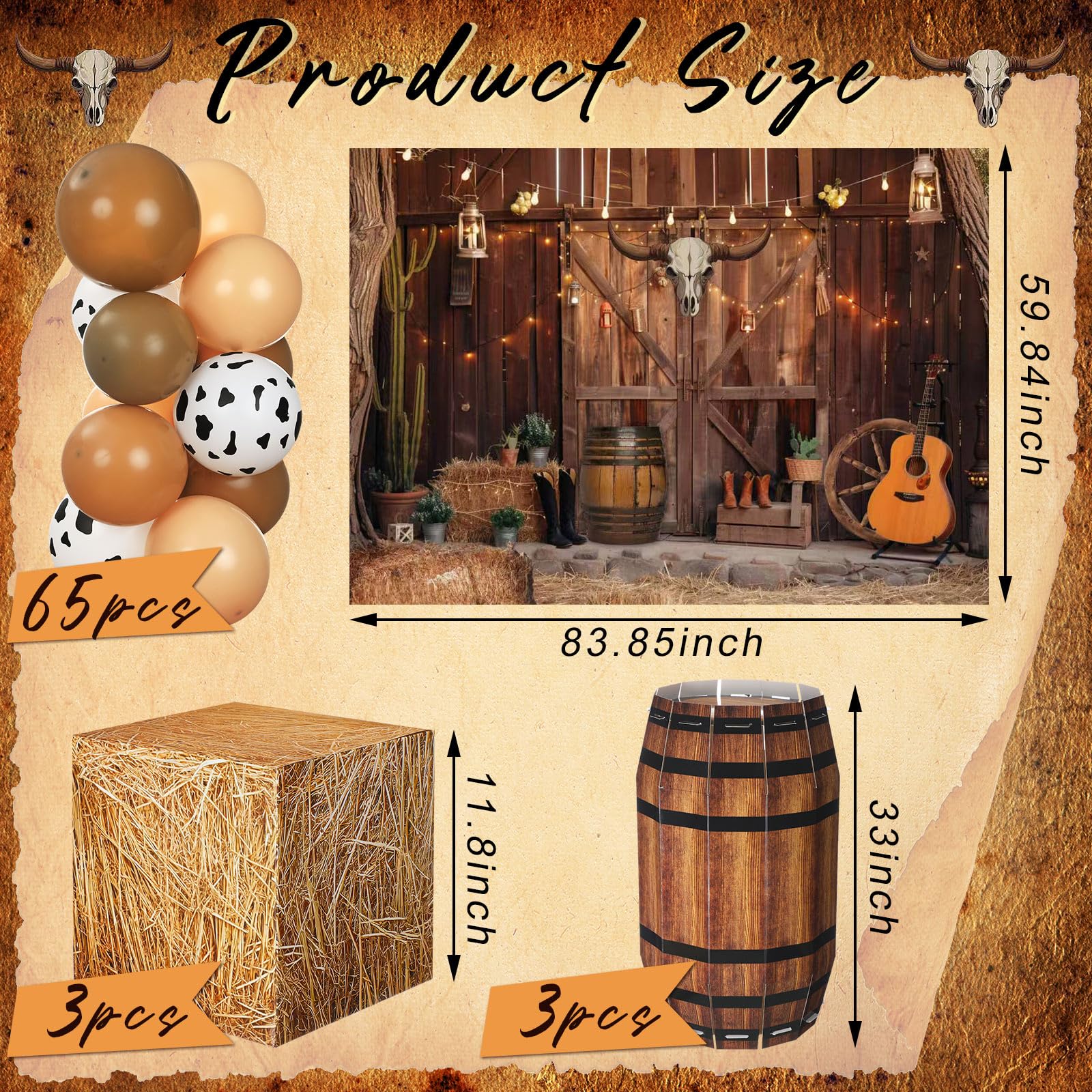 Threan 72pcs Bale Scatole Decorazione Western Cowboy Party Tridimensionale Barile di Legno Palloncino Western Cowboy Sfondo Grande Partito Sfondo Tema Festa di Compleanno Fotografia Puntelli
