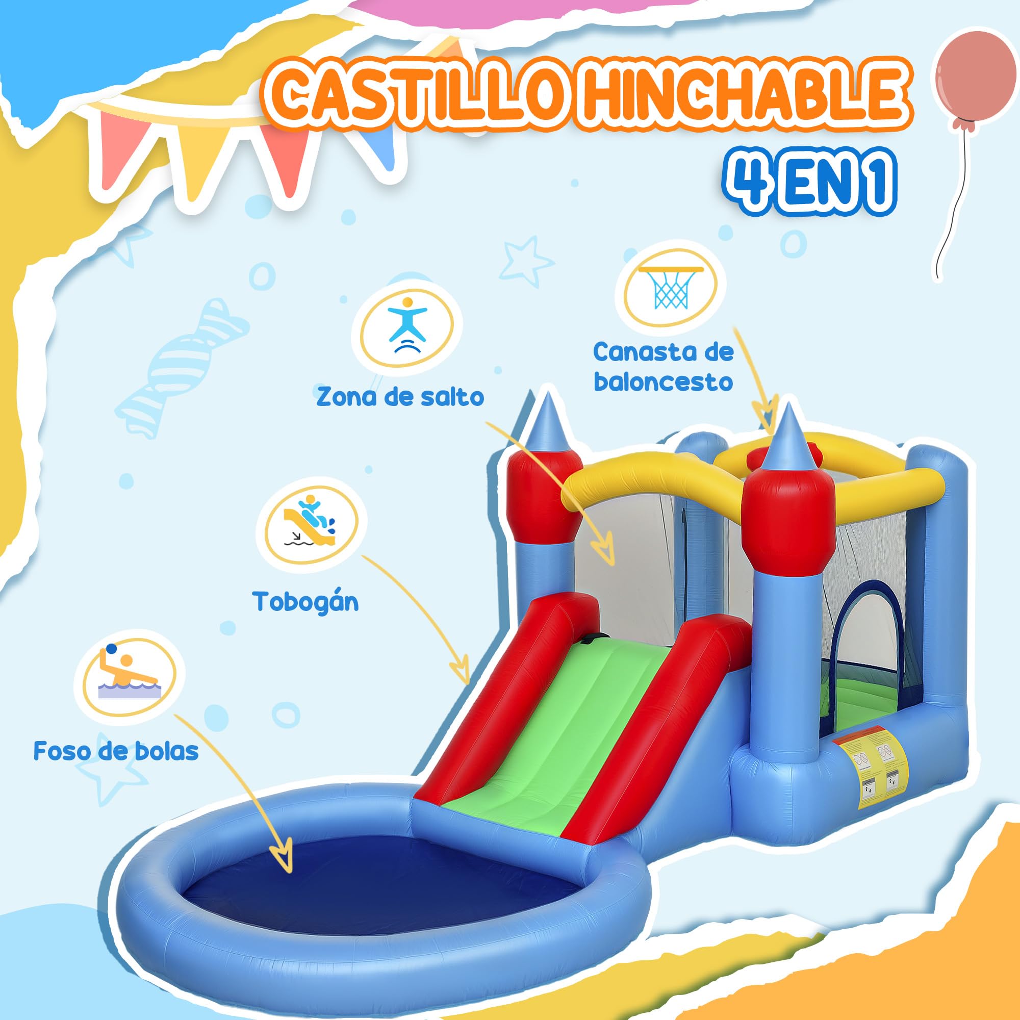 AIYAPLAY Castillo Hinchable con Soplador 4 en 1 Castillo Inflable para Niños con Tobogán Foso de Bolas Canasta y Bolsa de Transporte para Exterior Interior 415x205x190 cm
