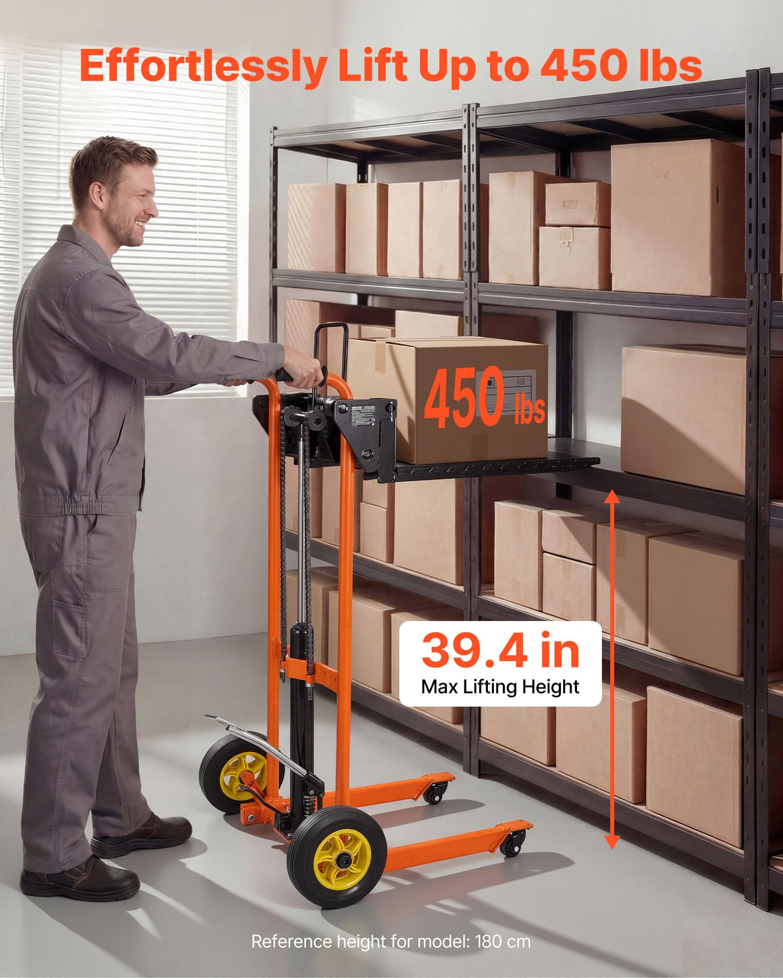 VEVOR Hochhubwagen Manuell 205 kg, Plattformhochhubwagen mit Gabelstaplertisch, Max. Hubhöhe 100 cm, Material Hebewinde Stapler, Plattformstapler, Handstapler, Palettenwagen, Orange & Schwarz