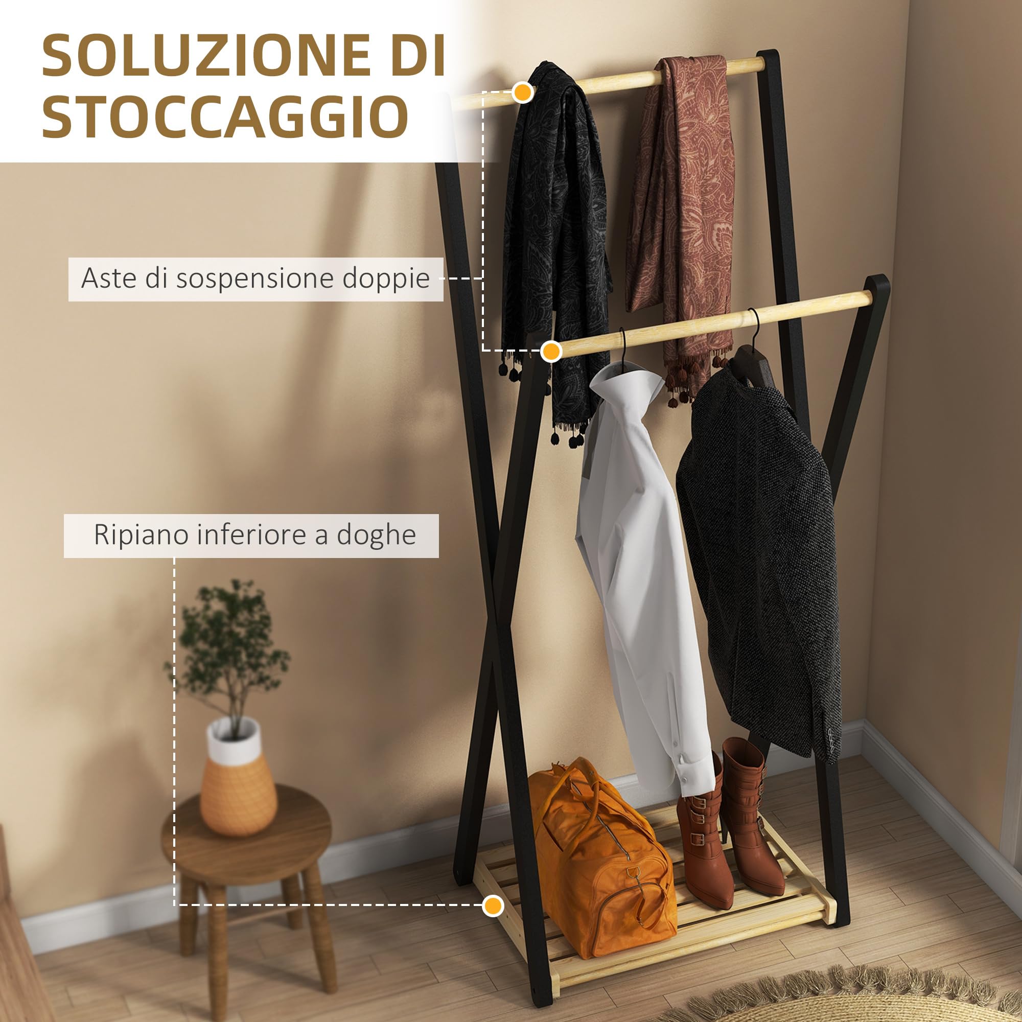 HOMCOM Appendiabiti da Terra in Legno di Pino con 2 Barre, Attaccapanni da Terra Autoportante Moderno con Ripiano Inferiore, 61x45x152cm, Legno Naturale