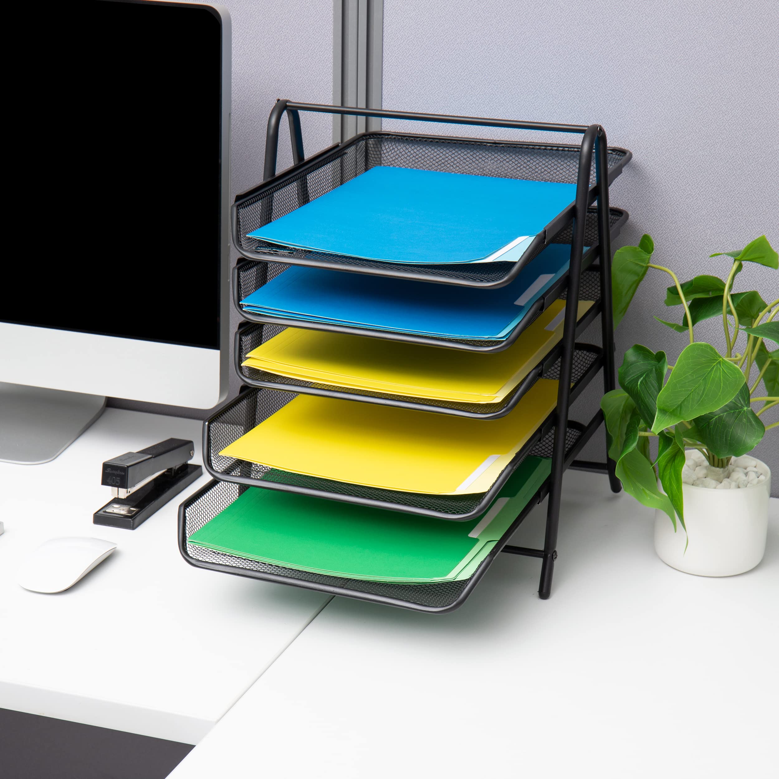 Mind Reader Network Collection, 5-stöckiges Papiertablett und 10 Aktenordner, Aktenspeicher, Desktop-Organizer, Metallgitter, Schwarz