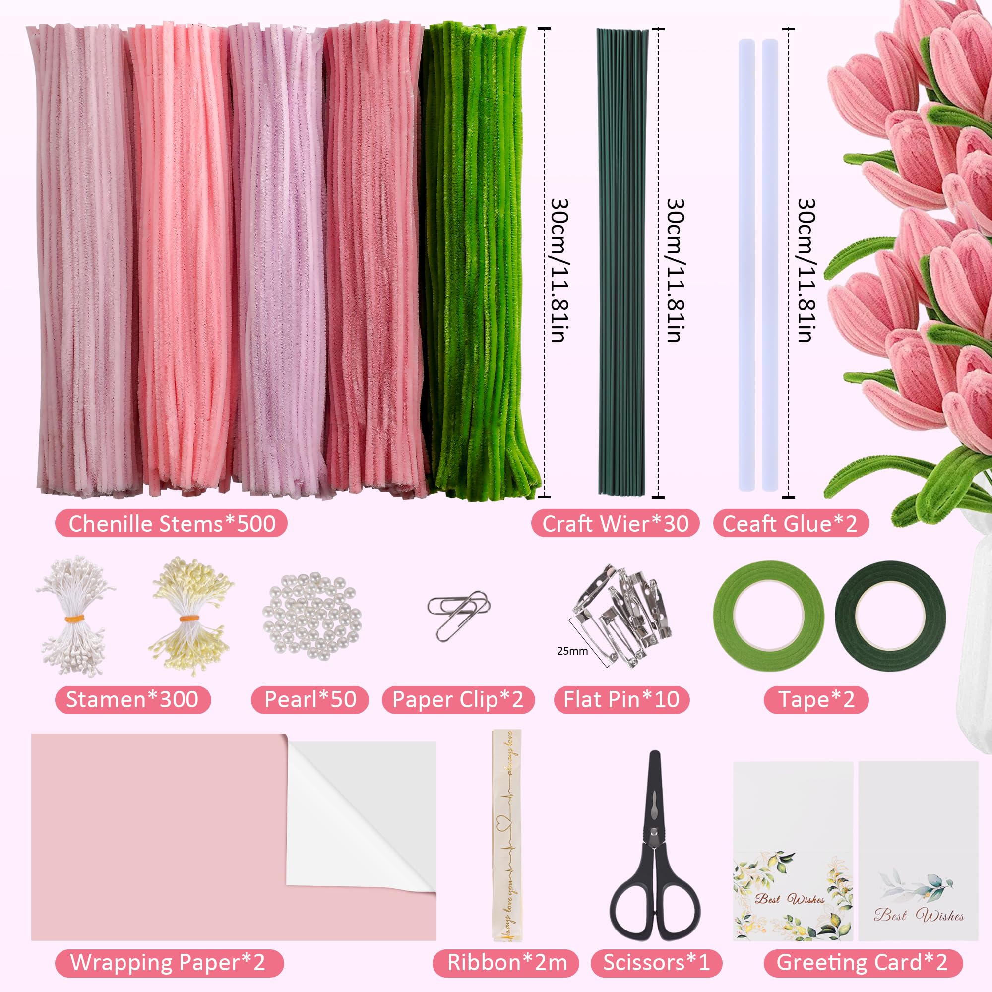 500 Pièces Cure-Pipes, 5 Couleurs Fil Chenille pour Fleurs DIY, avec Tiges Florales, Étamines, Ruban Floral, Ruban Satin et Instructions, Loisirs Créatifs, Cadeau Fait Main (Rose)
