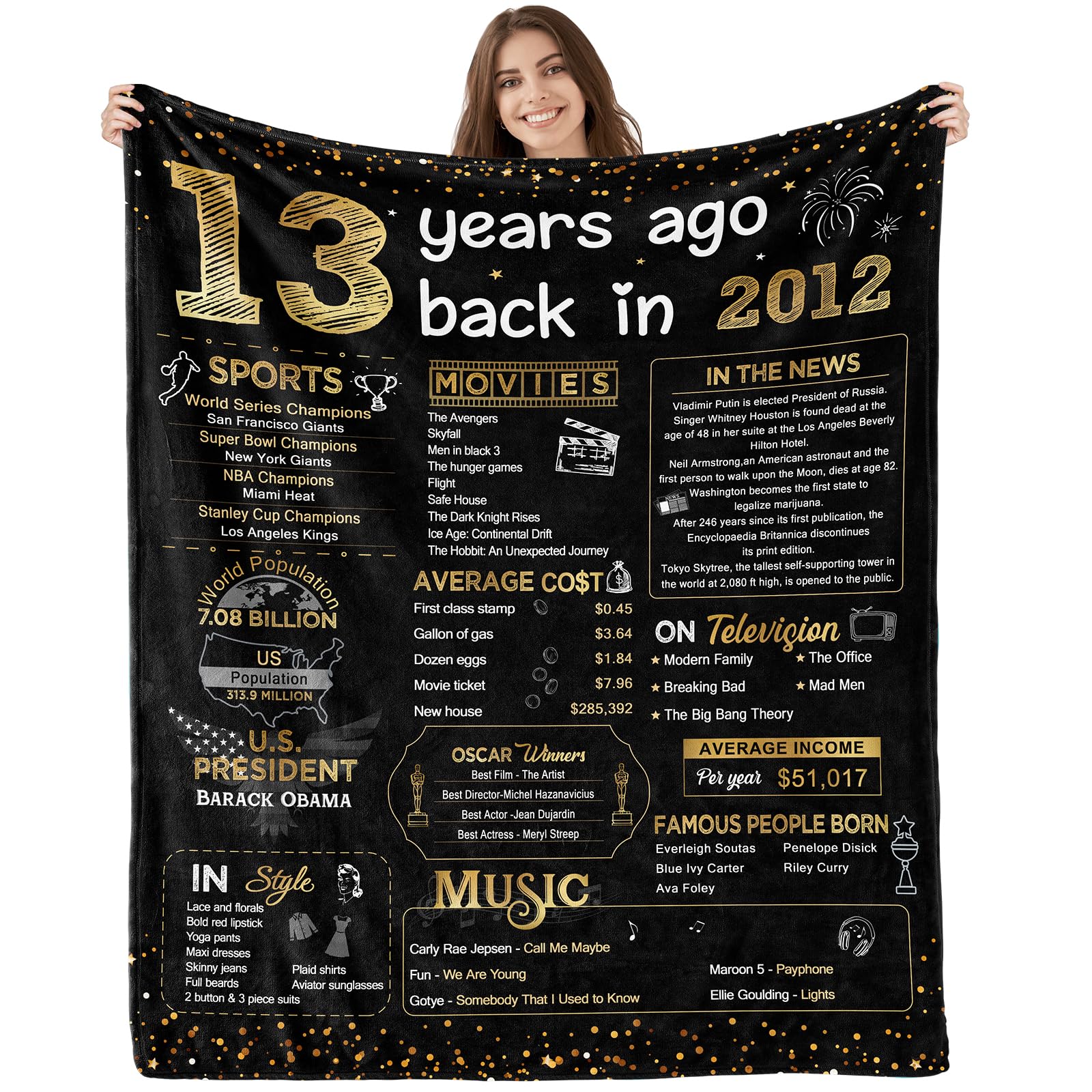 Geburtstagsdecke Zum 13. Geburtstag Personalisiert – Weiche Flanelldecke Für Mädchen & Jungen, 152x128 Cm, Gold