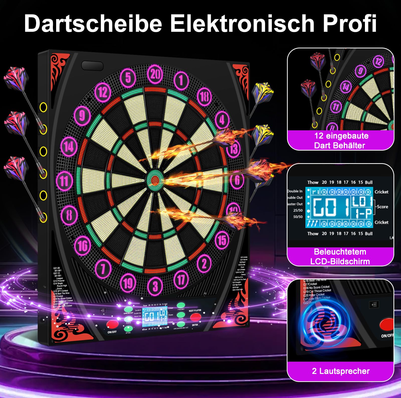 Mejasg Dartscheibe Elektronisch mit Deutsche Stimme&Beleuchteter Zahlenring | LCD-Display mit automatisch Zählen, 34 Spiele und 369 Variationen, Lautstärke 0-8, für 1-8 Spieler, für Hause Büro Bar Garage
