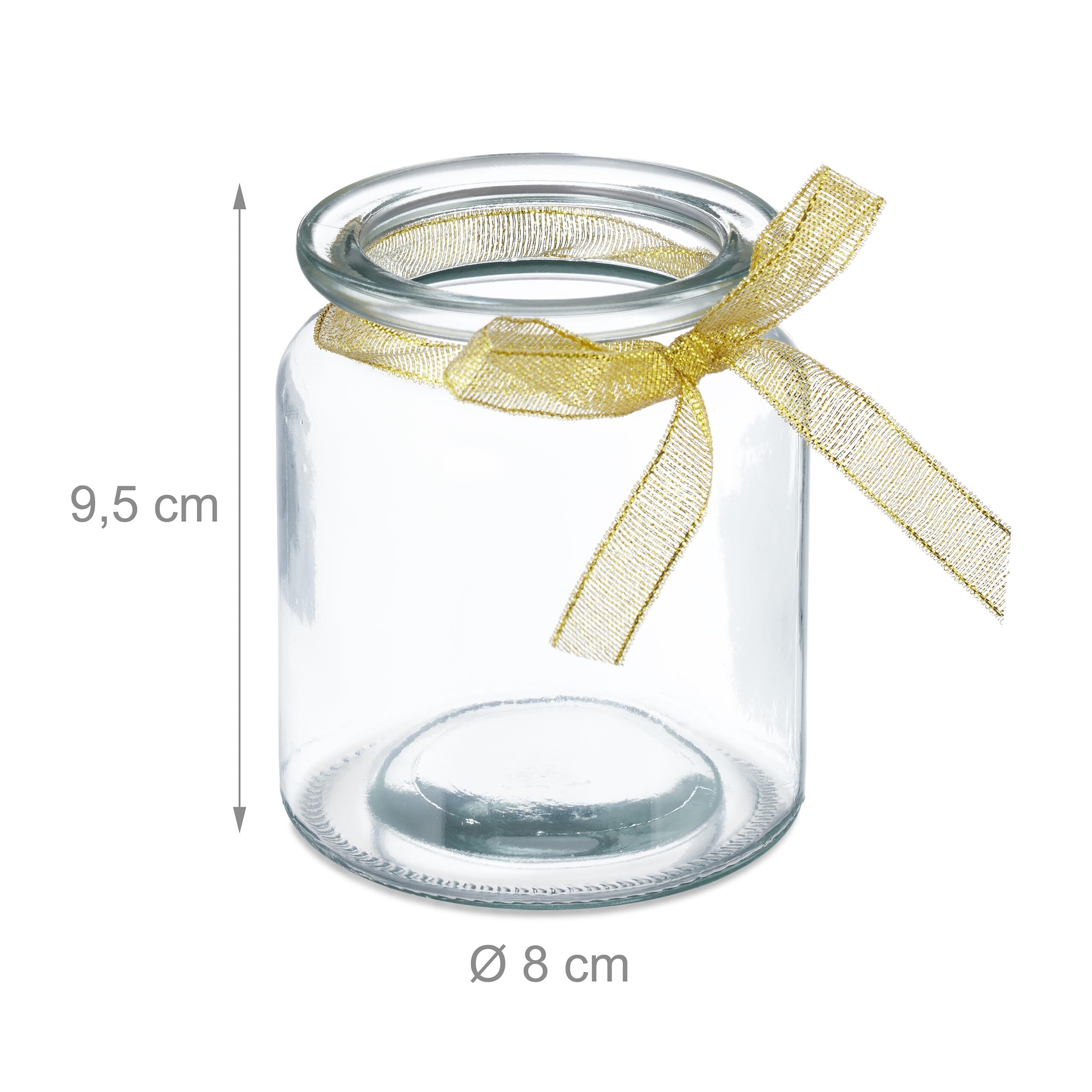 Relaxdays Vasetti Portacandele, Set 12, Porta Candele e Lumini, HxD: 9,5x8 cm, in Vetro, con Fiocco Dorato, Trasparente