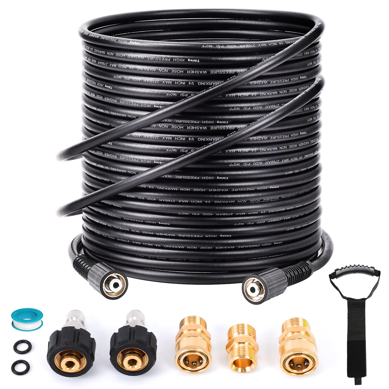 TikLog Pressure Washer Hose 100FT 1/4”, 4000 PSI Kink Resistant High Pressure Hose M22 14mm Thread, Flexible Extension Replacement Hose with 3/8 Quick