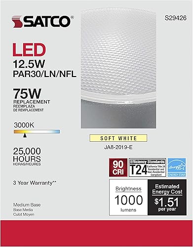 Miniatura 7 de Satco S29426 PAR30LN - Bombilla reflectora LED de 12,5 W, 120 voltios, 3000 K, 1000 lúmenes, 25 grados, ángulo de haz E26, base media, regulable,