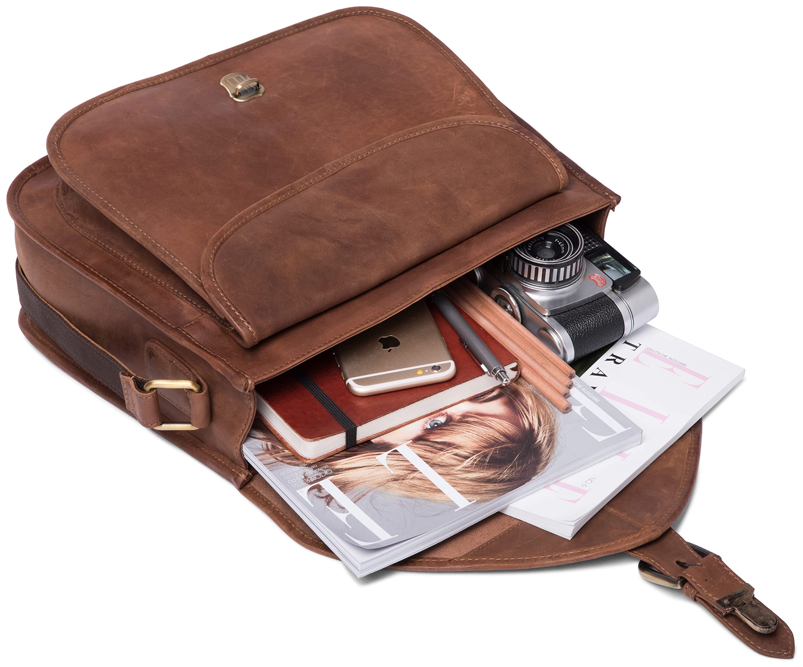 LEABAGS Leder Handtasche Damen I Premium Echtleder Umhängetasche I Damen Schultertasche I Damentasche I Tragetasche für Arbeit Uni Schule Freizeit I Größe L (32 x 31 x 9 cm) I Nature Hellbraun