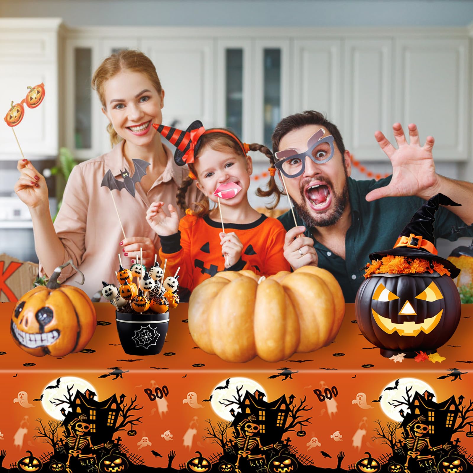2 Pack Halloween Table Cloth Party,137x274cm Rectangle Large Plastic Orange Tablecloth Skeleton Party Tableware Decor,Halloween Tablecovers Party for Winter Holiday Halloween Party Dinner Table Cloths - Image 3