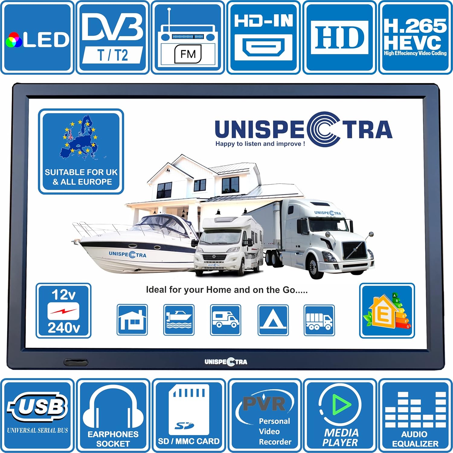 Unispectra 16" TV 12V - 240V HD LED Digital DVB-T/T2 (Freeview) TV, FM Tuner, USB PVR & Media Player, HDMI, 3.5mm AV In/Out. Ideal for Home, MotorHome, Boat, Caravan, Camping or Truck 3 81zS6vdDMPL. AC SL1500