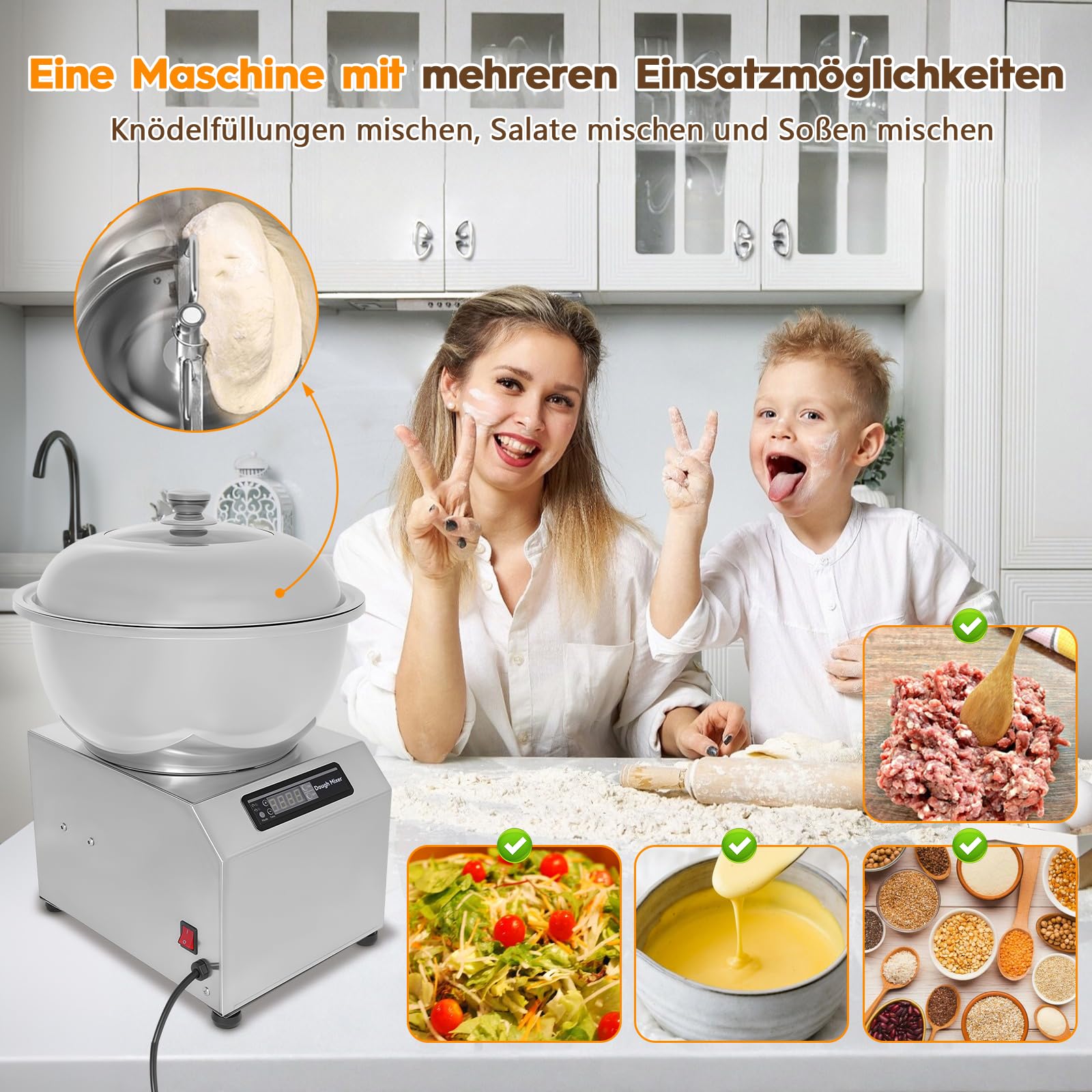 Macchina per impasto in acciaio inox, 8 kg, 750 W, con funzione di fermentazione e timer, doppia rotazione per ristoranti, panetterie e pizzerie