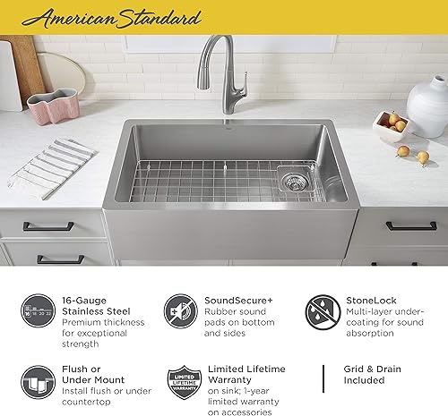 Miniatura 2 de American Standard 1180SB3620SS.075 Avery - Fregadero de cocina con delantal de cuenco individual de 36 x 20 pulgadas, acero inoxidable