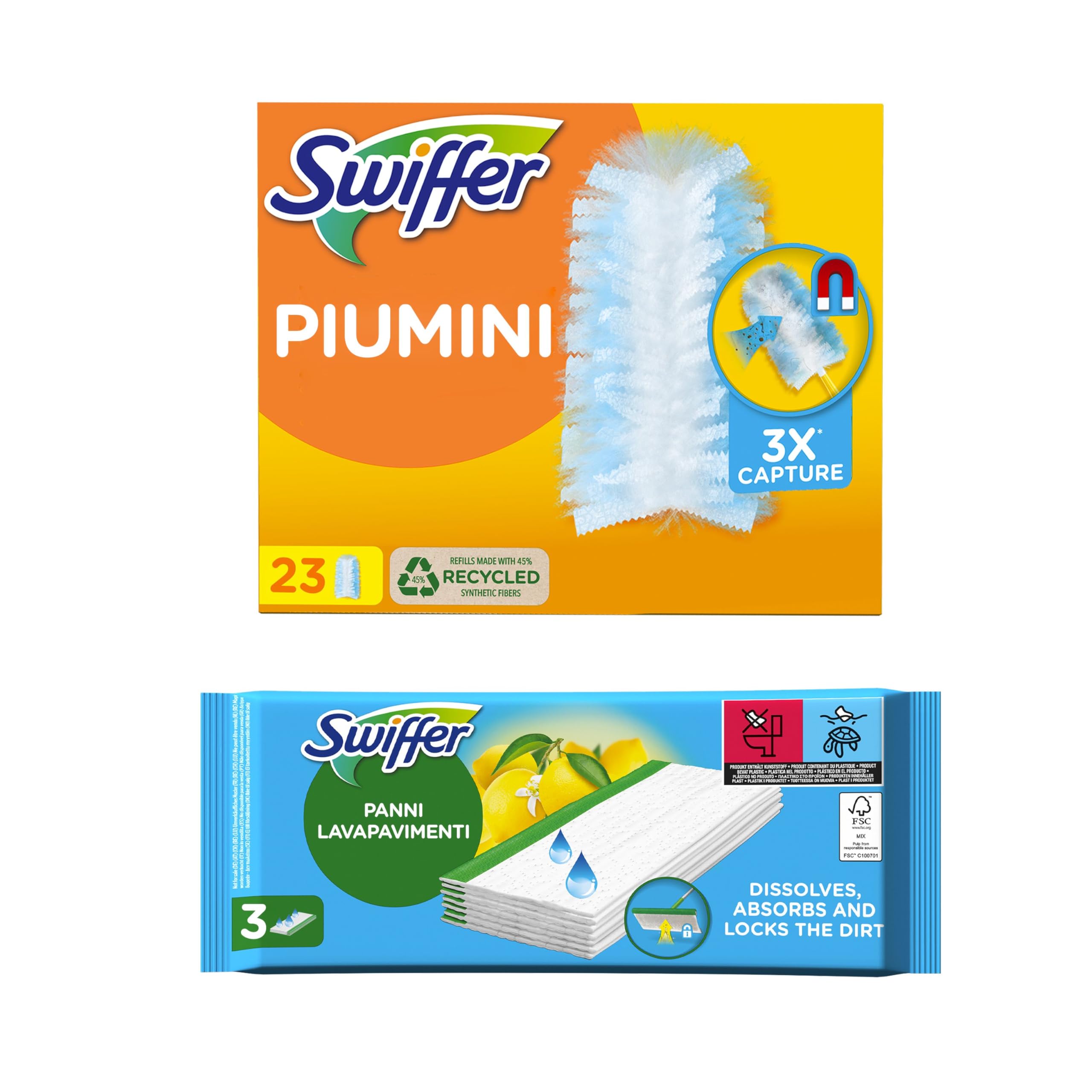 Swiffer Duster Piumini Catturapolvere, 23 Piumini + 3 Panni Lavapavimenti Wet, Cattura e Intrappola Polvere e Sporco, Raggiunge I Punti più Difficili della Casa, Maxi Formato, Scorta per 36 Mesi