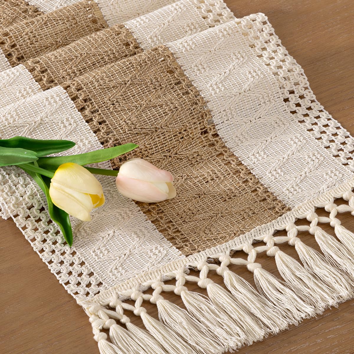 Socomi Boho Table Runner Valentines Day Farmhouse Rustic Dining Kitchen Centerpiece Decor Small Macrame Woven Cotton Linen Coffee