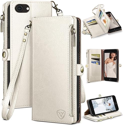 XcaseBar Funda tipo cartera para iPhone SE 3rd78 con cremallera y tarjetero de crédito bloqueo RFID, funda de piel sintética con tapa para teléfono,