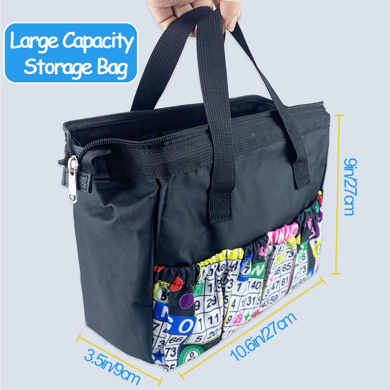 Grande borsa per bingo Daubers con 8 tasche, organizer per accessori da bingo per mancini, custodia da viaggio con apertura rinforzata, regalo a tema per giocatori di bingo, viola, motivo carte da