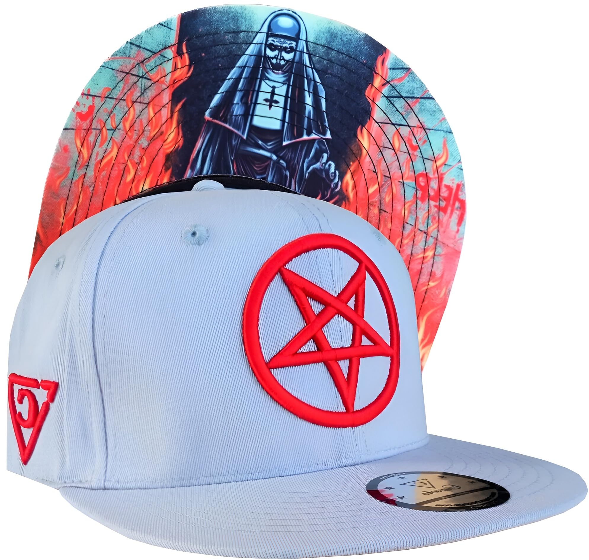 Capiche Men's [Cursed] - Cursed Nun [99+ Variations] Gray Snapback Hat For Cursed Nun, Scary Baseball Cap With Red Pentagram Front Logo, Unholy Graphic Under Bill, Monastry, Beige Gray Cap, Adjustable