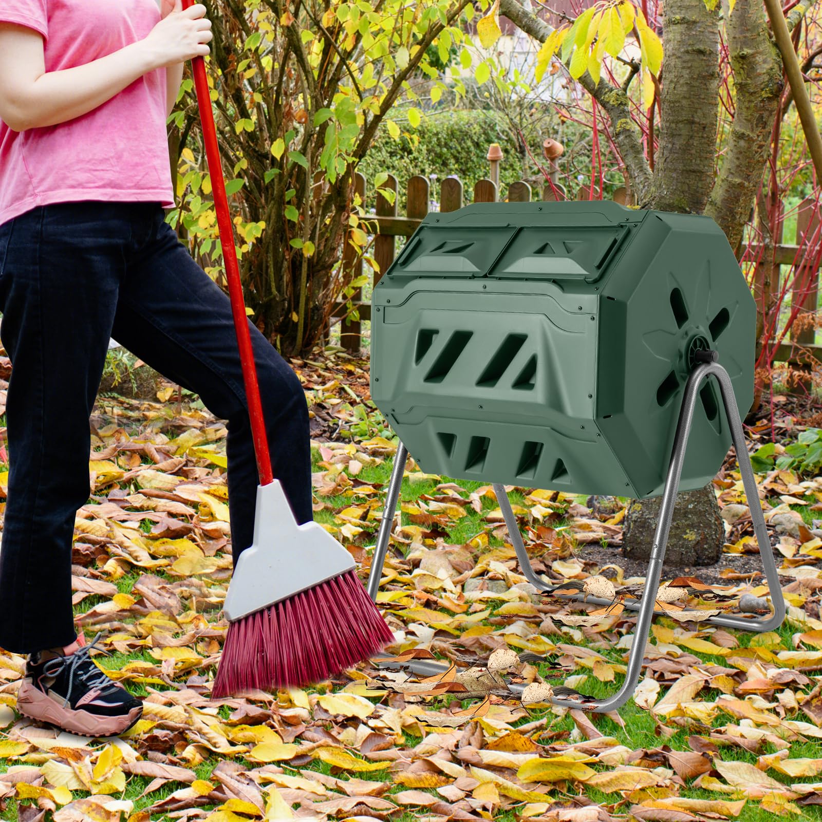 GOPLUS Compostador de tambor de 160 L, con 2 cámaras, 2 puertas correderas, marco de metal y 16 rejillas de ventilación, sin BPA, compostador de jardín para residuos orgánicos y de jardín, incluye