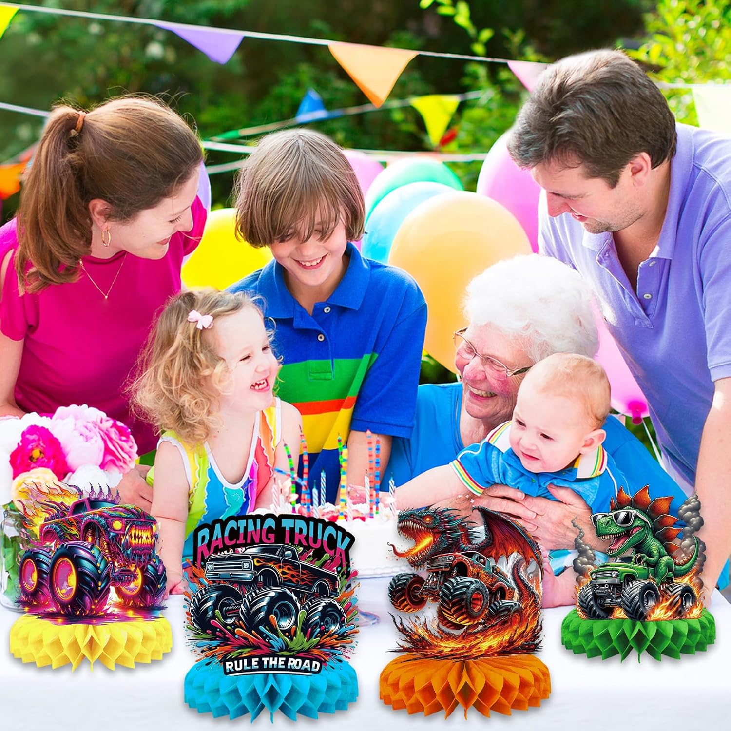 Dinosaur Truck Table Decorations Vehicle Honeycomb Centerpiece 9 Designs Car Tabletop Centerpiece Ornament for Birthday Home Party Table Decor