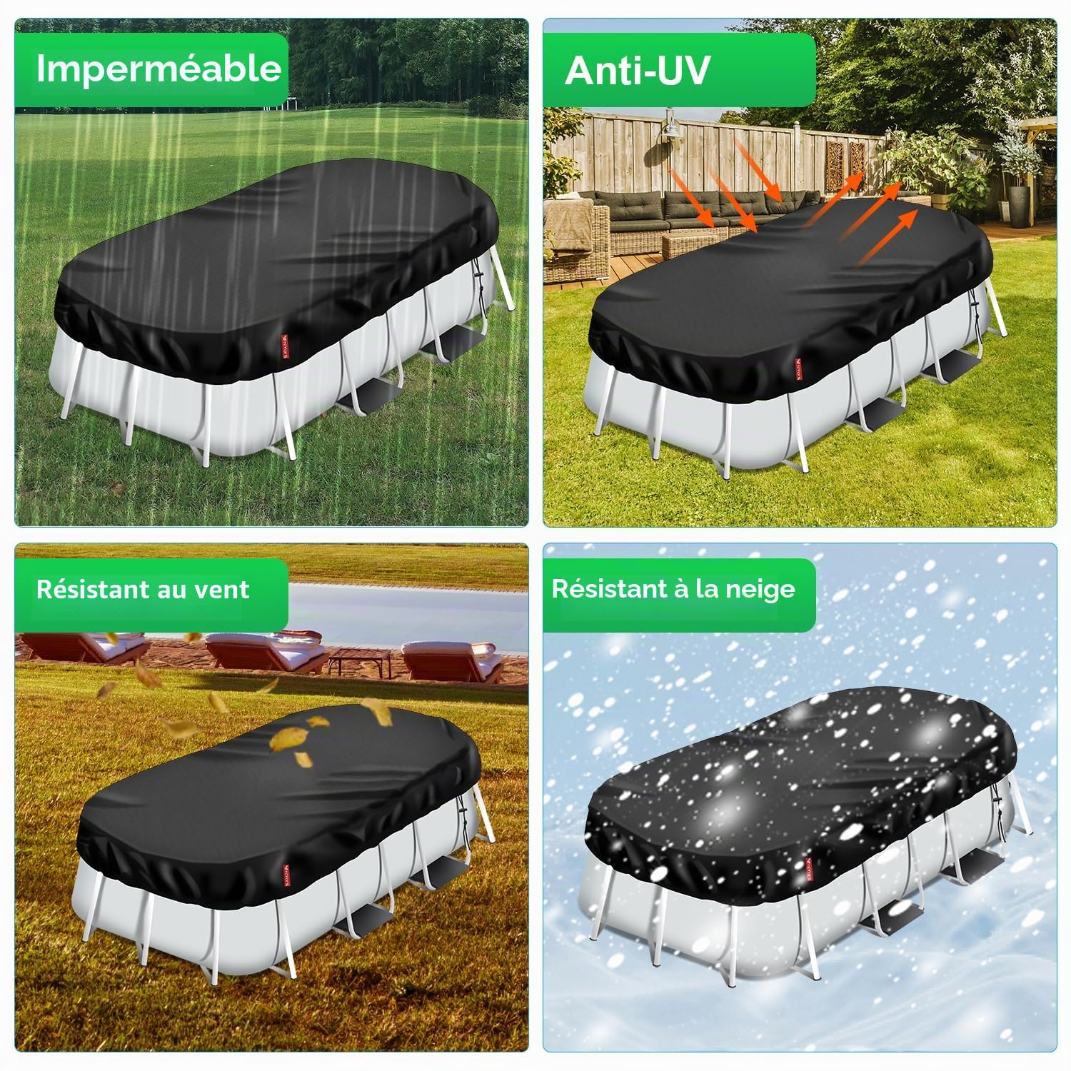 Bâche de piscine rectangulaire 550 x 275 cm, en polyuréthane 420D, épaisse, rectangulaire, avec cordon de serrage et clous de sol, coupe-vent et indéchirable