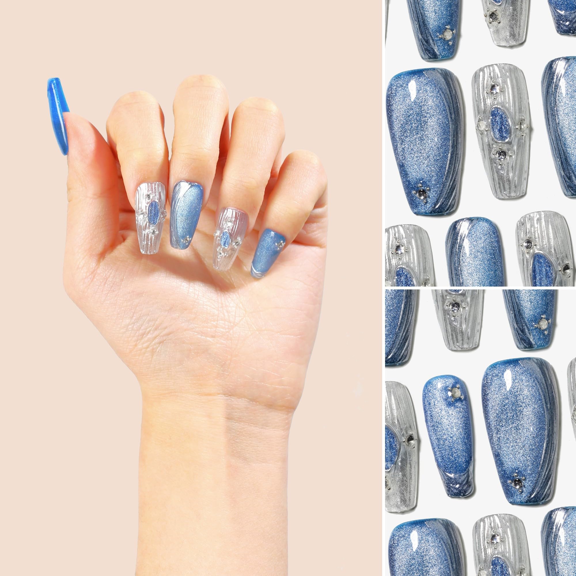 Sun&Beam Nails Handmade Press-on Medium Long Coffin Nails Silver White Blue False Nail Tips Design Baroque Style Fashionable 10 Pcs Set (#154 M) - Image 2