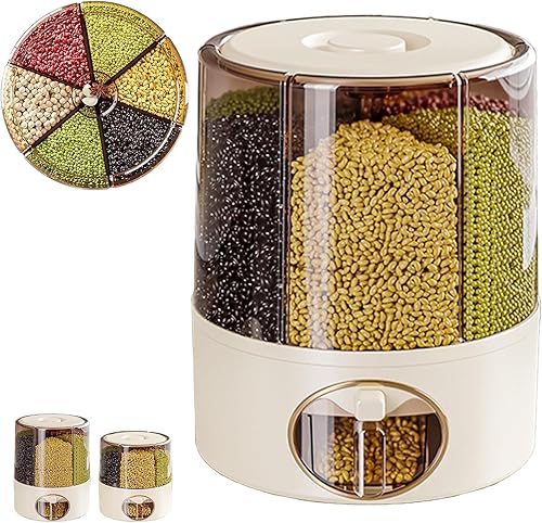Vista 7 de Dispensador de granos, dispensador de alimentos secos giratorio de 360 grados con 6 compartimentos, salida de un solo clic, dispensador de granos