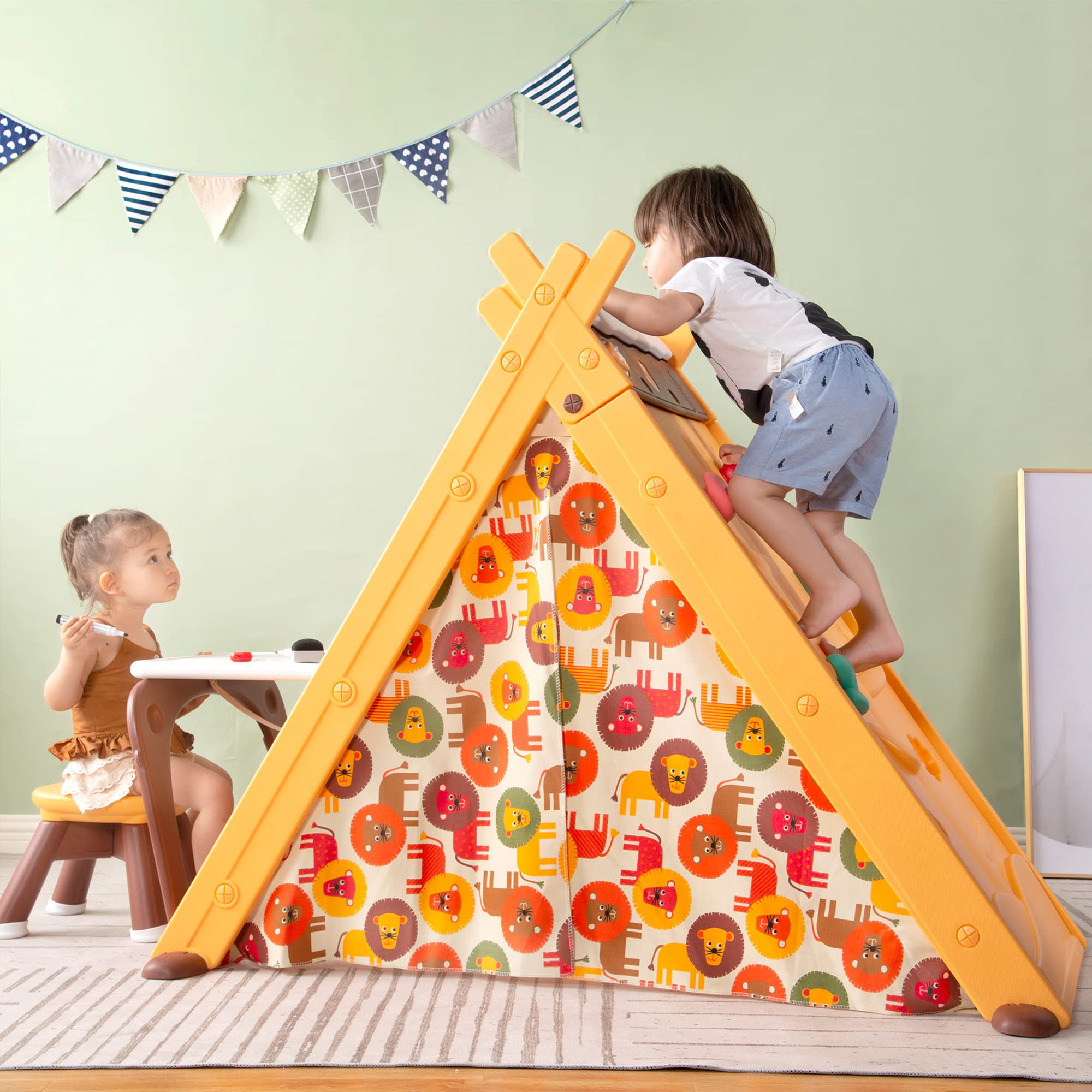 Kids Tent for Boys & Girls - 4 in 1 Teepee Tent with Stool, Climber, Board, Foldable Playhouse Tent Educate Toy (Orange)