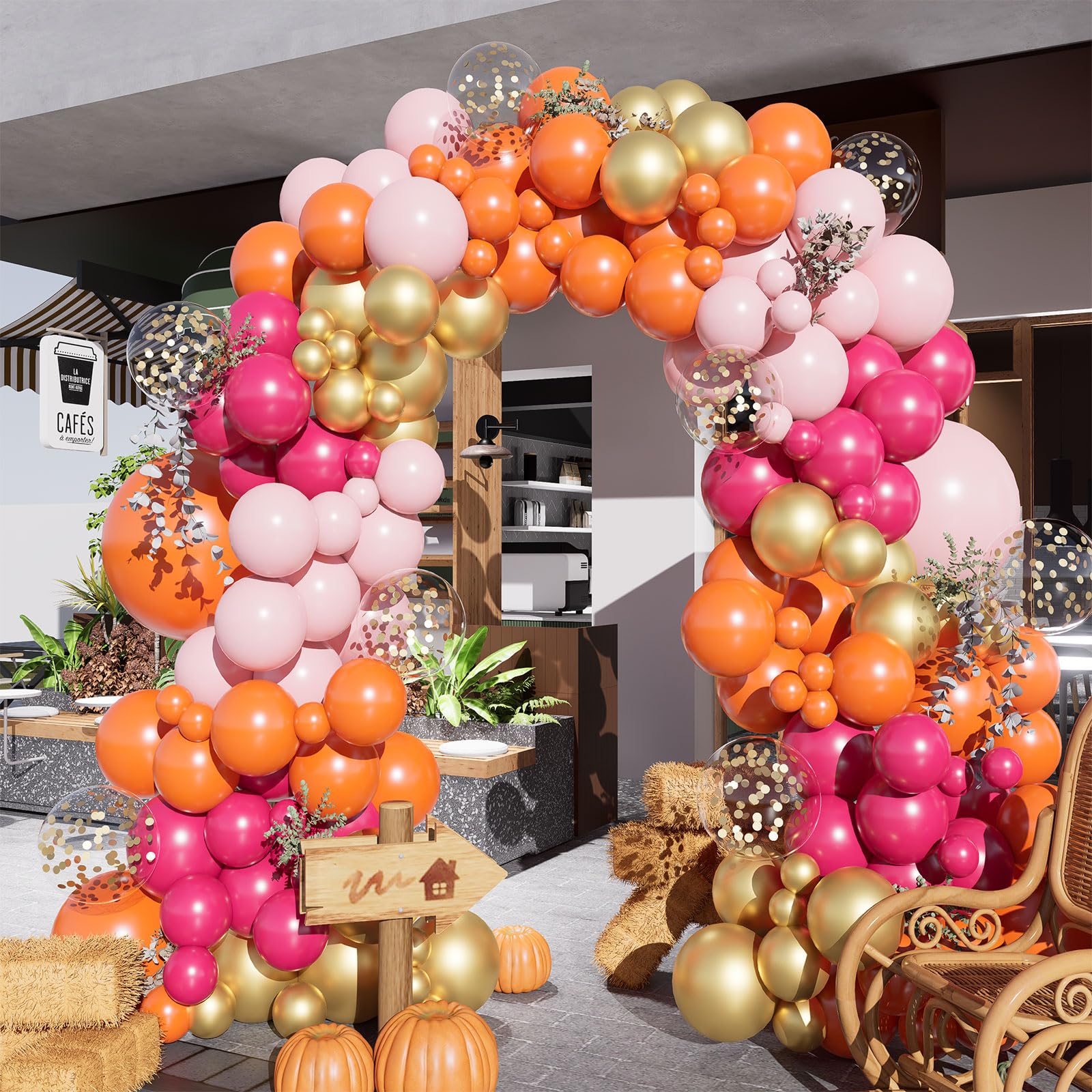 Pink and Orange Balloons Garland Arch Kit,154pcs 18/12/10/5inch Hot and Pastel Pink Orange Metallic Gold Confetti Latex Balloons for Birthday Wedding Baby Shower Fall Thanksgiving Party Decorations