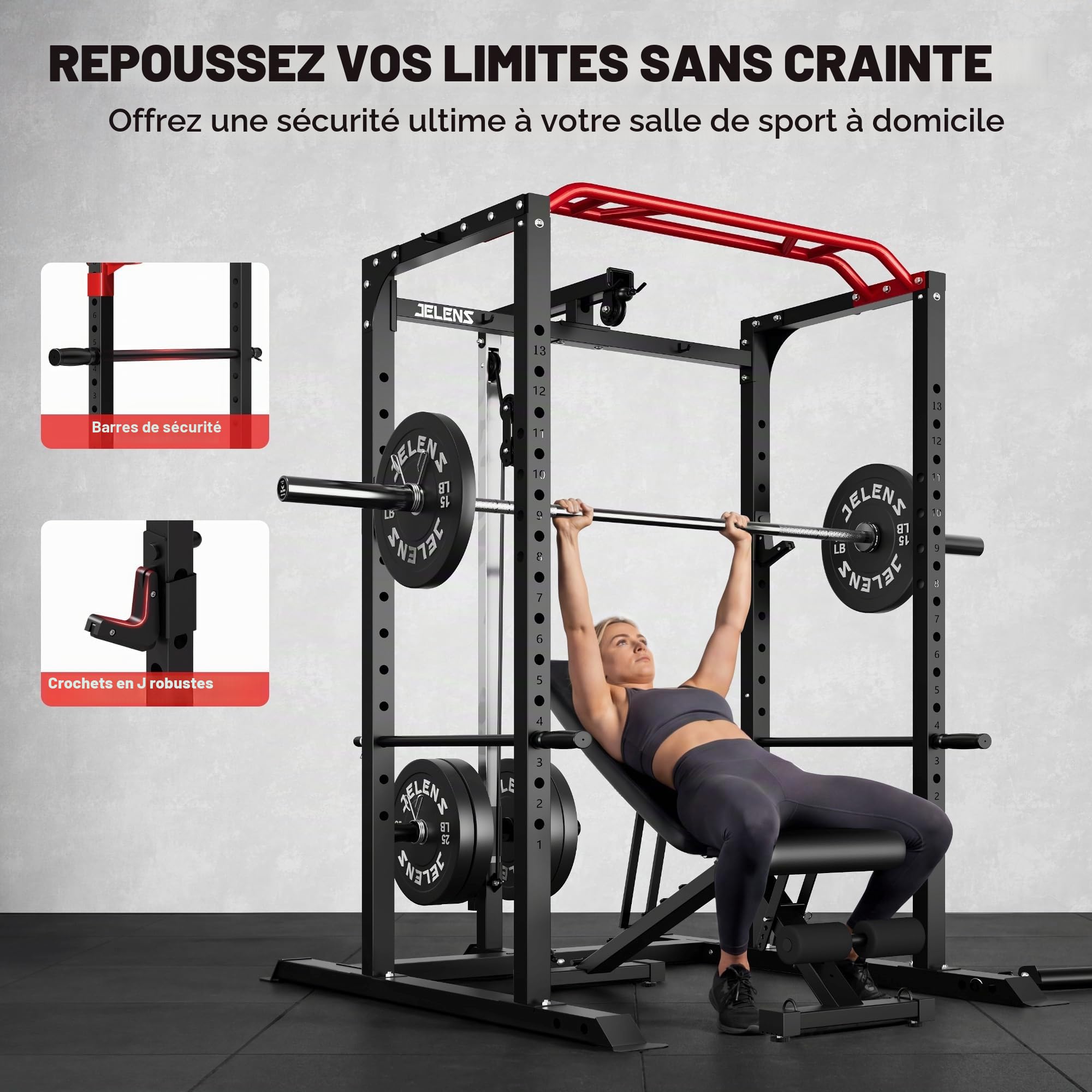 JELENS Power Cage, support multifonction S11 de 907 kg avec traction latte, support de squat avec système de poulie réglable et plus d'accessoires d'entraînement, machine d'entraînement de poids pour