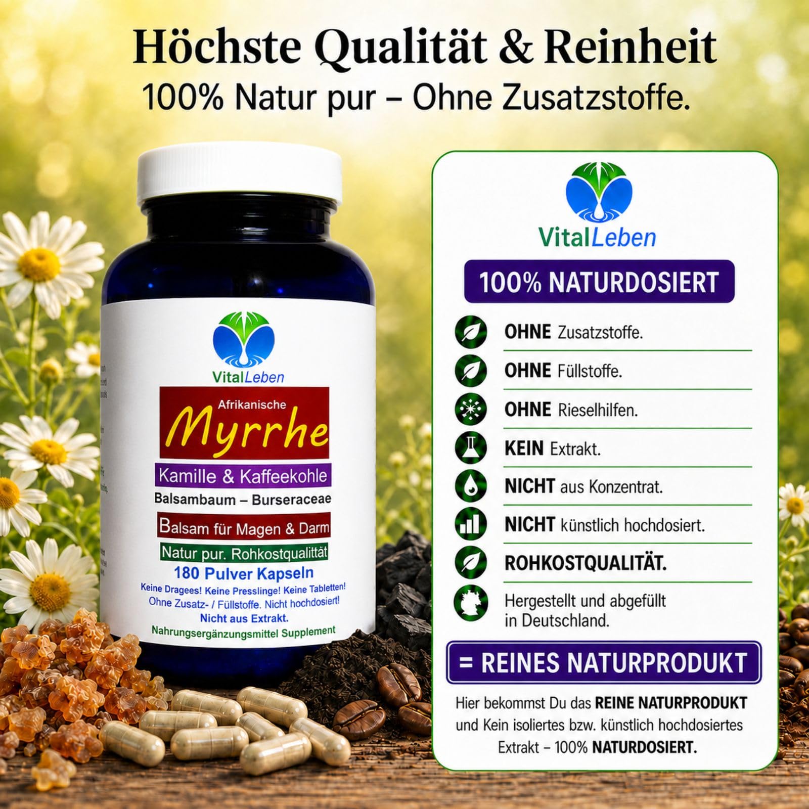 MYRRHE + KAMILLE + KAFFEEKOHLE Balsam für den gestressten Darm 180 Pulver Kapseln nach AYURVEDA und Hildegard von Bingen - NATUR pur - OHNE ZUSATZSTOFFE. 27160-180