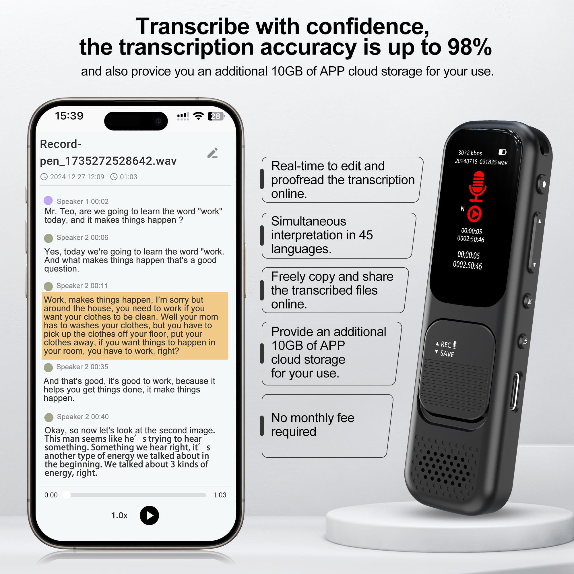 64GB (4680 Hours) Digital Voice Recorder with APP Control, 3072kbps Mini Audio Recorder with Transcribe, DSP Noise Reduction, Voice-Activated Recording Device with Password for Lecture, Meeting,Black