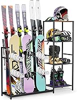 Lurgno Freestanding Ski & Snowboard Rack - Holds 4 Pairs Skis, 3 Snowboards, Boots, Helmets, Poles, Goggles for Garage Storage