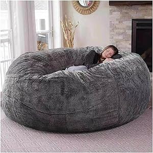 Sillón Puff Gigante de Piel Sintética (Sin Relleno), Funda para Sofá Cama para Adultos, Grande, Redonda, Suave y Esponjosa (Gris, 1,52 m)